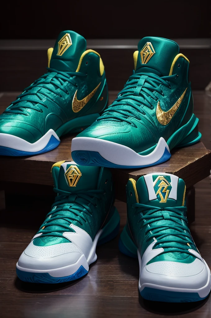 "Create a pair of Kobe Bryant signature basketball shoes designed specifically for Christmas. The shoes should feature a festive green color as the primary base, accented with holiday-themed elements such as gold detailing and red highlights. The design should incorporate Kobe Bryant's iconic logo and number, with a focus on combining holiday spirit with a sleek, modern athletic aesthetic. Consider incorporating subtle snowflake patterns or Christmas lights for an extra festive touch. The shoes should be both stylish and functional, suitable for both on-court performance and off-court wear during the holiday season."