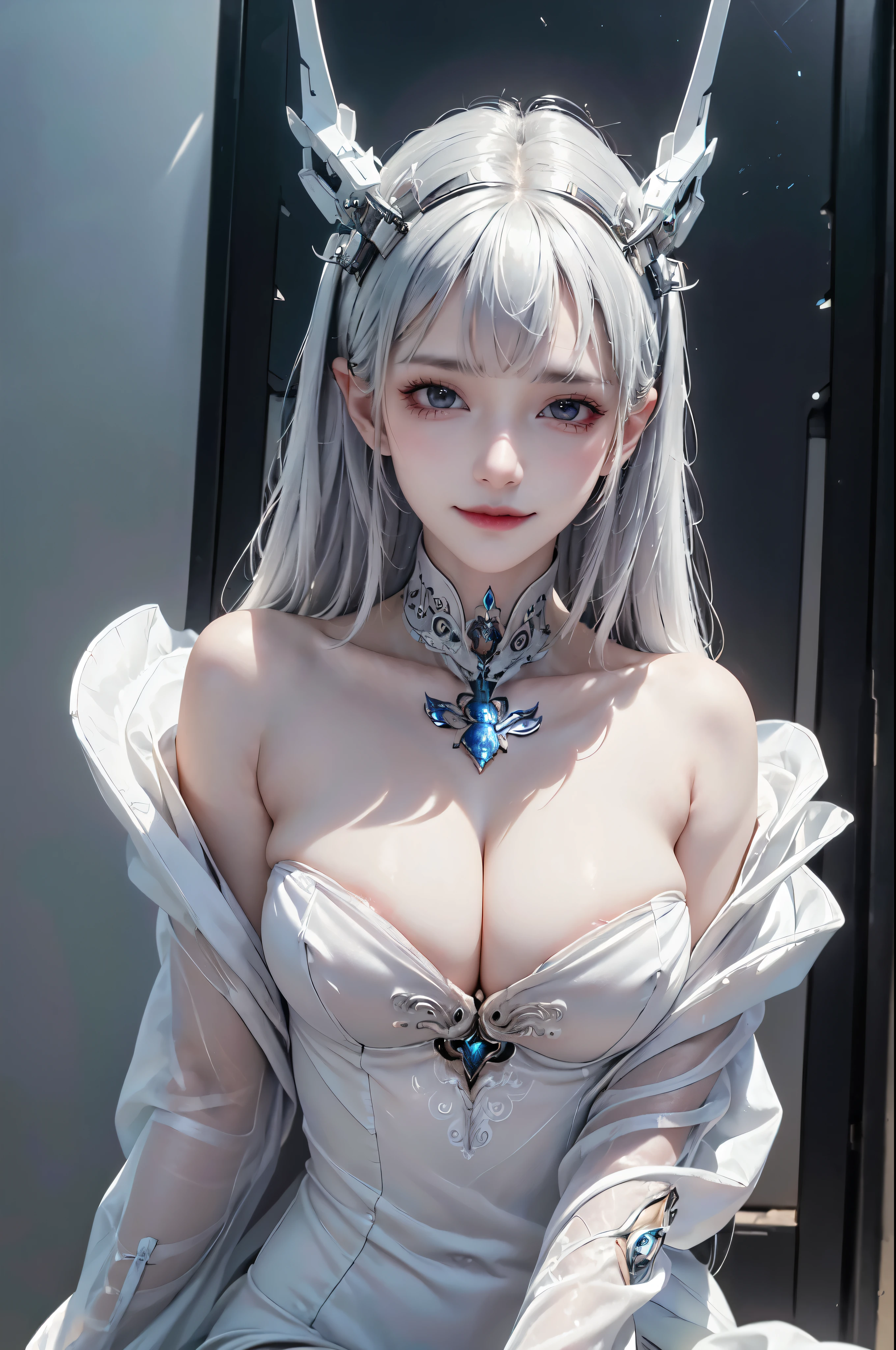 NSFW,((top quality、8k、masterpiece:1.3))Wears a silver-white mech，girl with delicate face，Highest image quality，Ultra-clear，Delicate and clear facial features，end of the world，Mechanical arm，Exquisitely detailed mechanical pattern,cyberpunk characters、numbercity、number、century、throne、