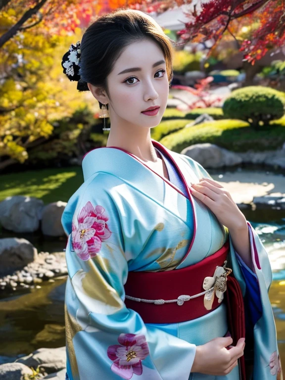 (Highest quality、 8k 、masterpiece、High resolution)、 Japanese painting、Vibrant colors、A woman wearing a kimono、Ample breasts、Hands on chest、(Highly detailed face and eyes,Beautiful Face,Beautiful Eyes,Beautiful nose,Pretty lips)、Dynamic painting technique、Japanese garden、Autumn scenery、autumn leaves、Starry Sky、Detailed Description、