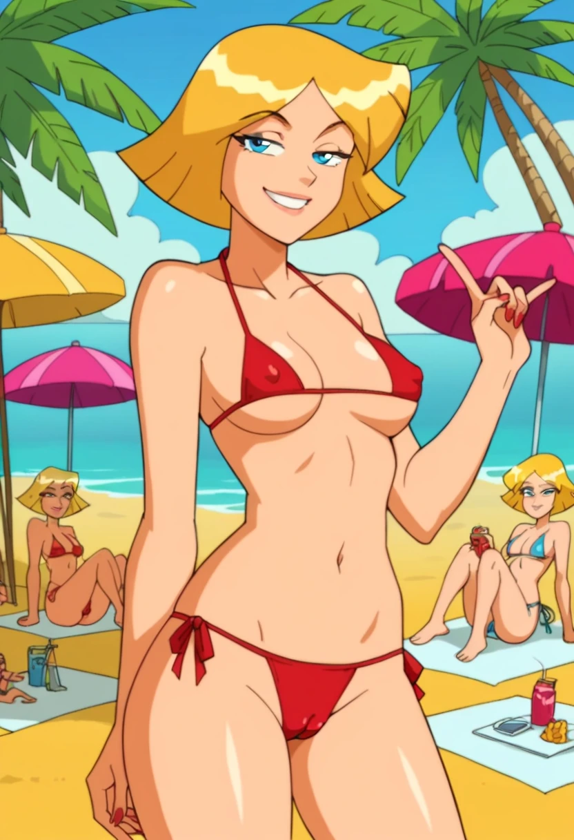 score_9, score_8_up, score_7_up, 
1girl, clover ts, blonde hair, medium hair, blue eyes, swept bangs,

looking at viewer, narrowed eyes, smile, smug, red micro bikini, covered nipples, cameltoe, on beach, ocean, sand, palms, posing,