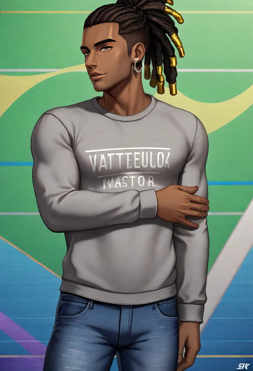 (masterpiece:1.2), (best quality), (ultra detailed), (8k, 4k, intricate),(half-body-shot:1), (highly detailed:1.2),(detailed background:1.2),((dark skin, handsome face,lips)) An man with black colored dreadlocks wearing a dark brown sweatshirt and jeans, street clothing, casual clothing, silver earrings