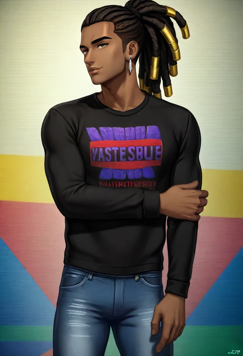 (masterpiece:1.2), (best quality), (ultra detailed), (8k, 4k, intricate),(half-body-shot:1), (highly detailed:1.2),(detailed background:1.2),((dark skin, handsome face,lips)) An man with black colored dreadlocks wearing a dark brown sweatshirt and jeans, street clothing, casual clothing, silver earrings