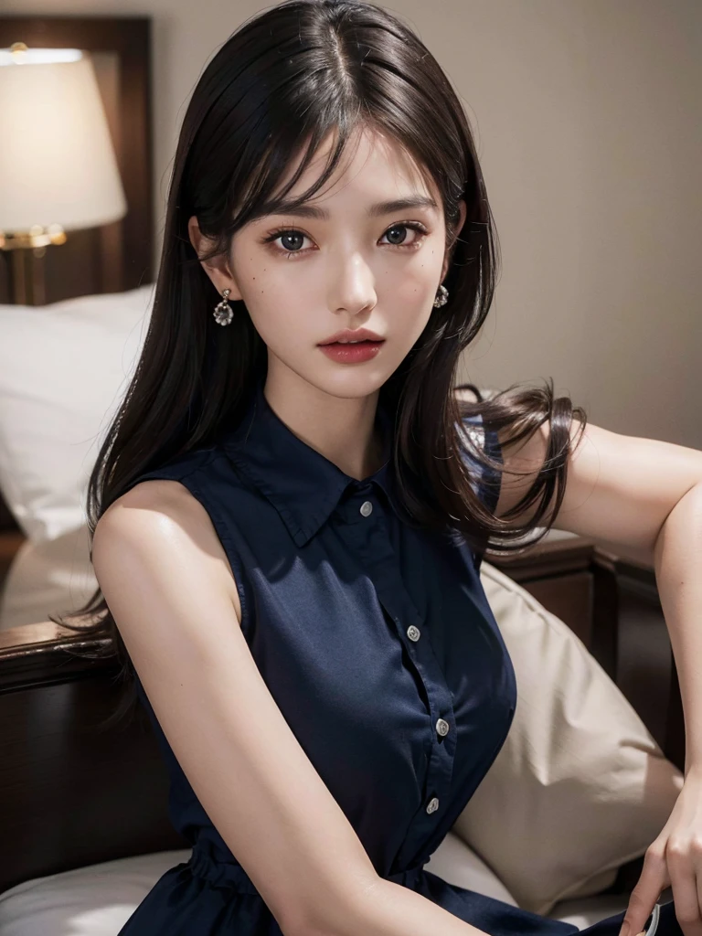 (absurdres, RAW photo, extremely delicate and beautiful, masterpiece, Best Quality, ultra high resolution, 32k, hyperrealistic, ultra-detailed, perfect anatomy, anatomically correct:1.2), perfect figure, Perfect Style, Perfect balance, super Detailed skin, in her 30s, very Slim body, narrow waist, very small head, very small face, delicate facial features, handsome detailed woman, very detailed eyes and face, realistic face proportions, Realistic beautiful face, Realistic beautiful eyes, tearful mole, earring, very huge round tits, (full body shot:1.2), (whole legs:1.2), medium hair, dark blonde hair, asymmetrical hair, indoor, (collared navy button shirt dress:1.2), (sleeveless:1.2),