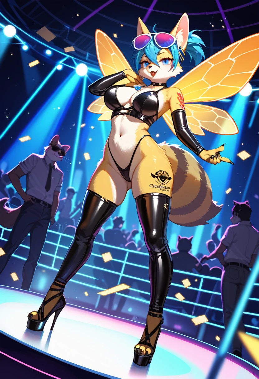 Highest quality, Highest quality, High quality illustrations, masterpiece, Ultra-high resolution, Detailed Background, club, Disco, Absurd, Perfect Anatomy, performance, Good lighting, Shadows in the movies(kemono, Furry Personifi猫ion), bee, Honey Latex, neon, neonカラー, cyber punk, 蜜beeの衣装, 蜜beeコスプレ, ラバーの蜜beeの尻尾, Bee Wings, enamel, sunglasses, Tattoo, High heels, Dynamic Angle