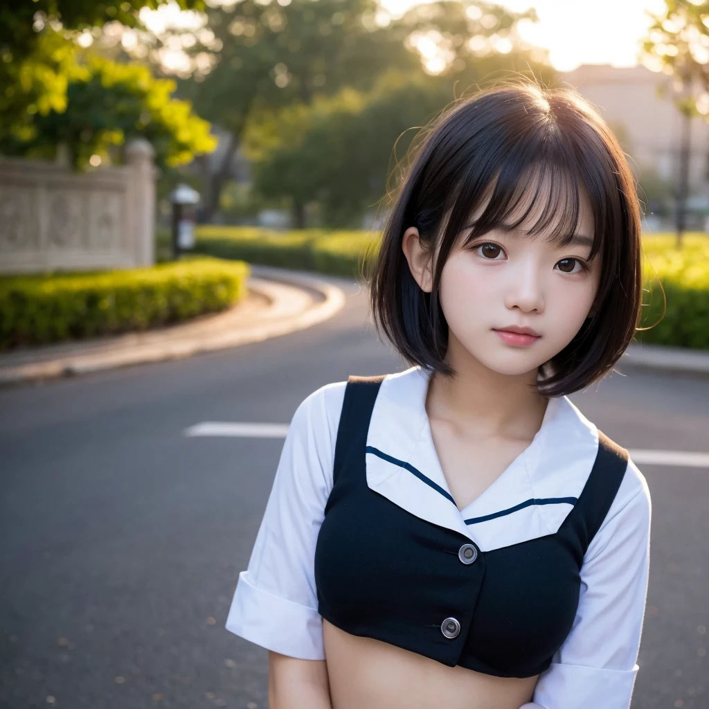 (Best image quality, 8K quality, masterpiece), (Super A quality, Photo Real, RAW Photos), Sunrise coming through, (masterpiece), (Real Girl, Front Face), (detailed), unity 8k wallpaper, Super Definition, beautiful, masterpiece, Highest quality, Japanese, Black Hair, bangs, , Cute Face, uniform, (A shy smile:0.5), (Short Bob Hair), 17 years old, Baby Face, breast enhancement