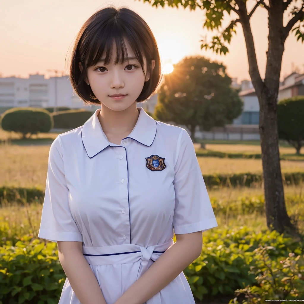 (Best image quality, 8K quality, masterpiece), (Super A quality, Photo Real, RAW Photos), Sunrise coming through, (masterpiece), (Real Girl, Front Face), (detailed), unity 8k wallpaper, Super Definition, beautiful, masterpiece, Highest quality, Japanese, Black Hair, bangs, 17 years old, Cute Face, uniform, (A shy smile:0.5), (Short Bob Hair), 17 years old, round face, Baby Face, breast enhancement