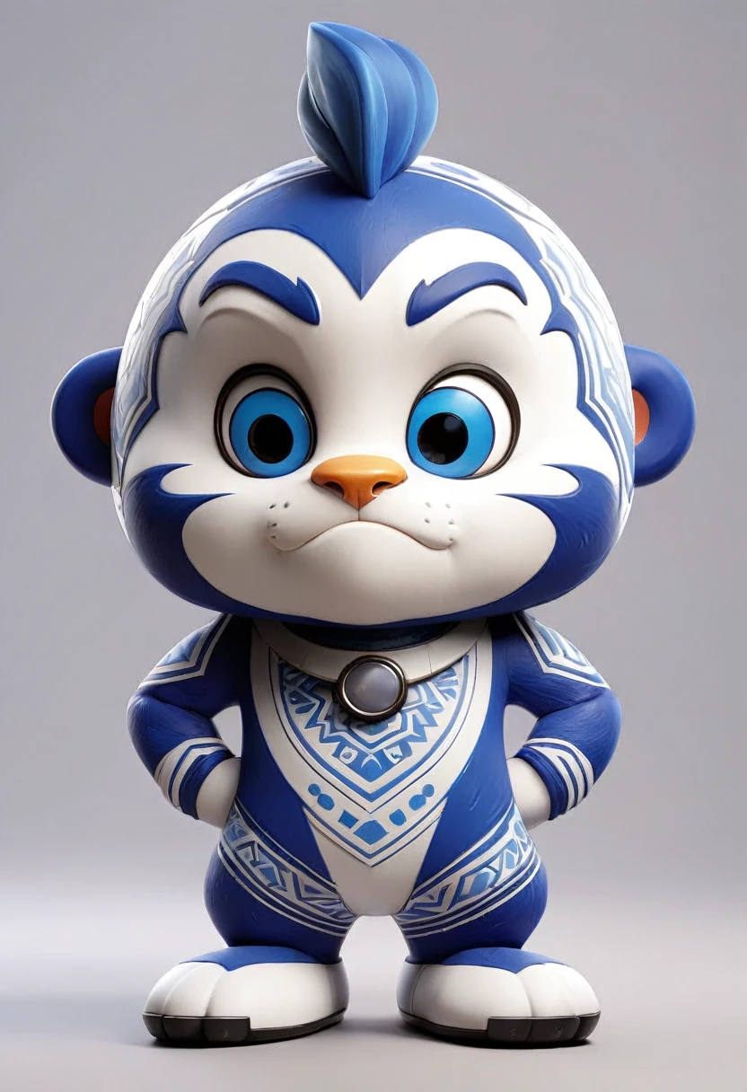 A circular mascot with blue and white patterns on its body, front view.