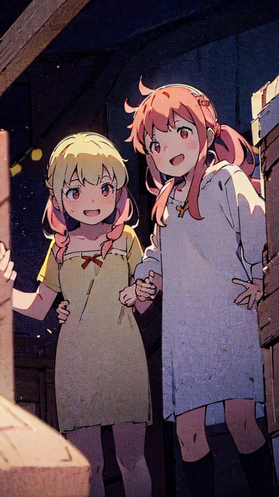 ((masterpiece))((Highest quality))girl、Laughing with your mouth open、blush、Flat Chest、Are thin、Blonde Hair、blush、Are standing、Whole body image、Eye level on face、、No background、Hair is two colors、Twin tails、Red Eyes、Two-tone red and yellow hair、Completely naked、Greeting with pussy