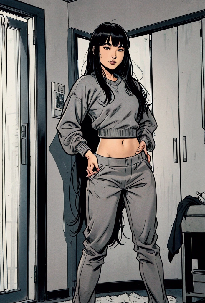 Beautiful American Chinese girl, Katie Leung with bangs, long hair, 19 years, barely smiles, home clothes: gray sweater, longpants, black trousers; DC comic style image, color image