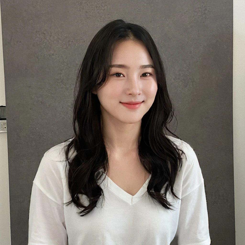 Best Quality, 8k, Masterpiece, (Portrait: 1.3), (photo realistic:1.4), (hyper realistic:1.4), Sharp Focus, looking at viewer, (smoother lighting:1.1), (increase cinematic lighting quality:0.9), realistic lighting, backlighting, light on face, ray trace, (brightening light:1.2), (Increase quality:1.4), sharp detail, (best quality real texture skin:1.4), finely detailed eyes, black_eyes, finely detailed face, 25 year old Korean woman, (white t_shirt:1.4), (Create an image maintaining the original base model hairstyle:1.5)