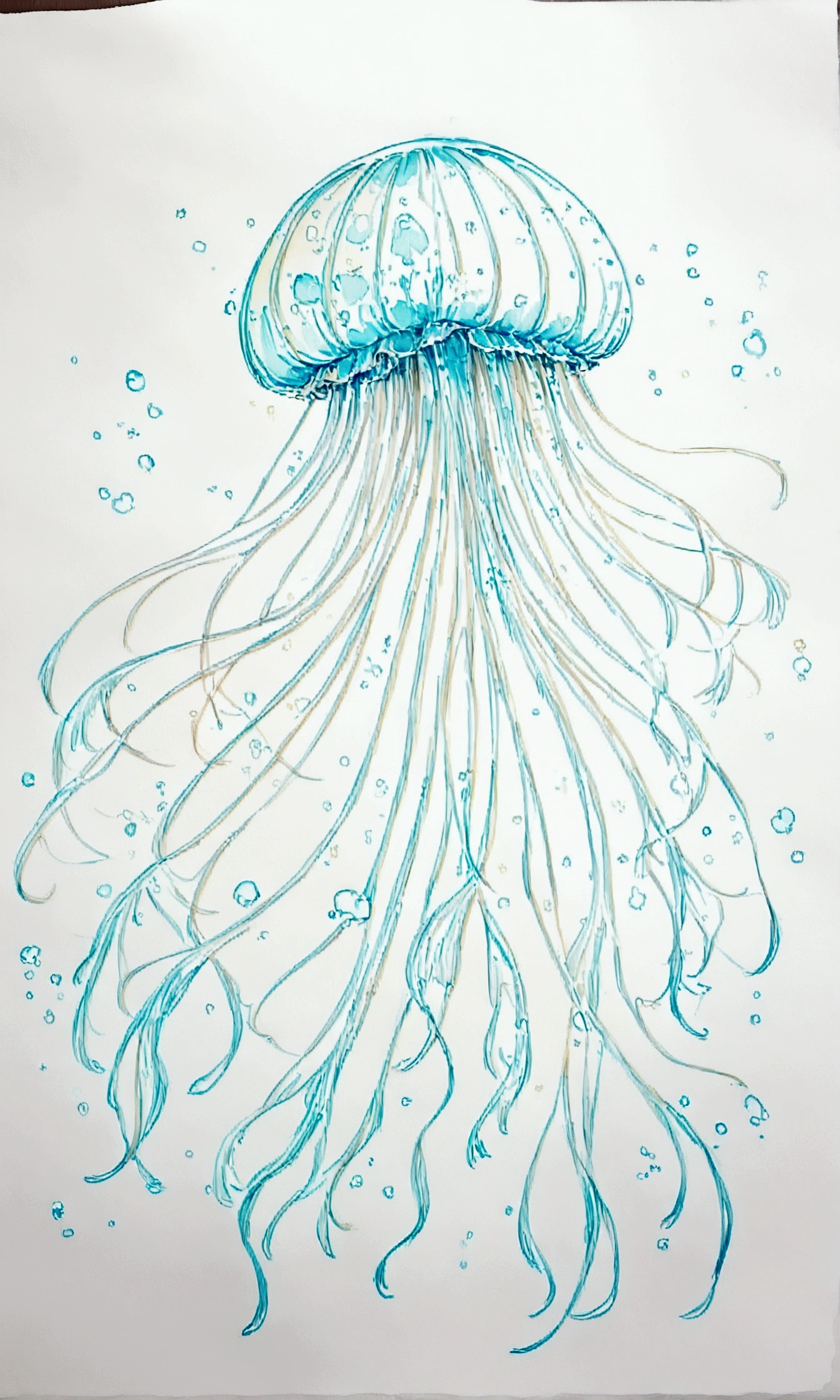 Watercolor,Light blue and pink,Anthropomorphic jellyfish drawn in white,(((Line art in glowing white neon)))