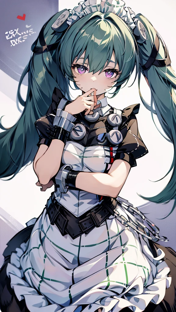 upper body,corin,1girl,独奏,chibi,Very young,Short neck,Small breasts,Purple eyes,(Captivating smile:0.8), Twin tails, Maid,Green Hair,white panty,masterpiece,Noise Reduction,perfect anatomy,high resolution, ultra-detailed, ultra-detailed face,game cg,dutch angle ,beautiful detailed eyes,visualart,five fingers, perfect hands, perfect lighting, sparkling pupils,