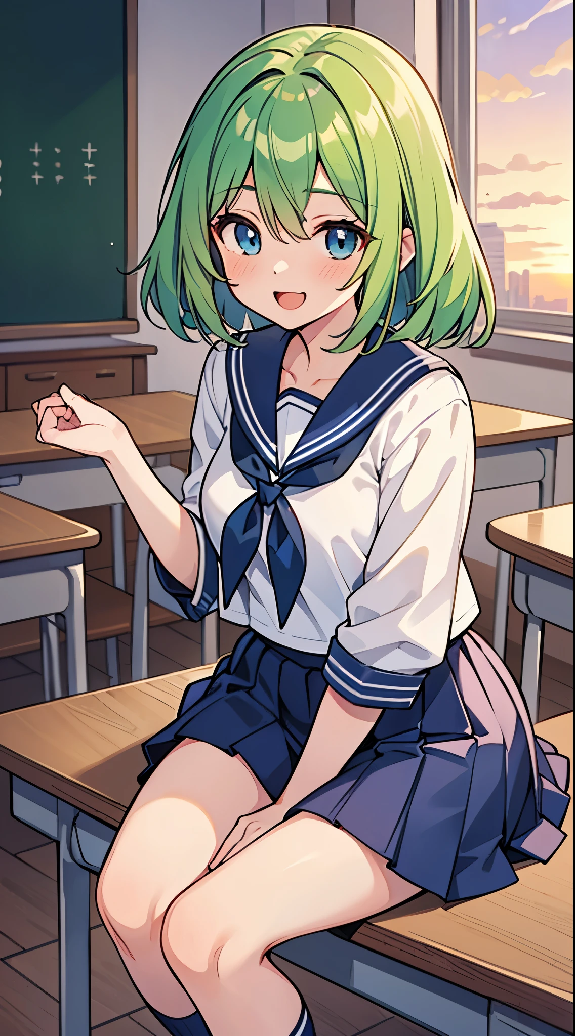 ((A pretty High School girl with green hair and blue eyes)), ((wearing a Sailor suit and a navy skirt)), baby face, ((master piece, top-quality, ultra-definition, high resolution)), anime girl, ((ultra-detailed illust:1.2)), only one person, bangs, hair between eye, beautiful hair, Beautiful eyes, shiny eyes, highlight in the eyes, ((detailed eyes:1.2)), medium breasts, sitting, thighs, Big smile, blushing, opened mouth, in the classroom, at dusk, sunset