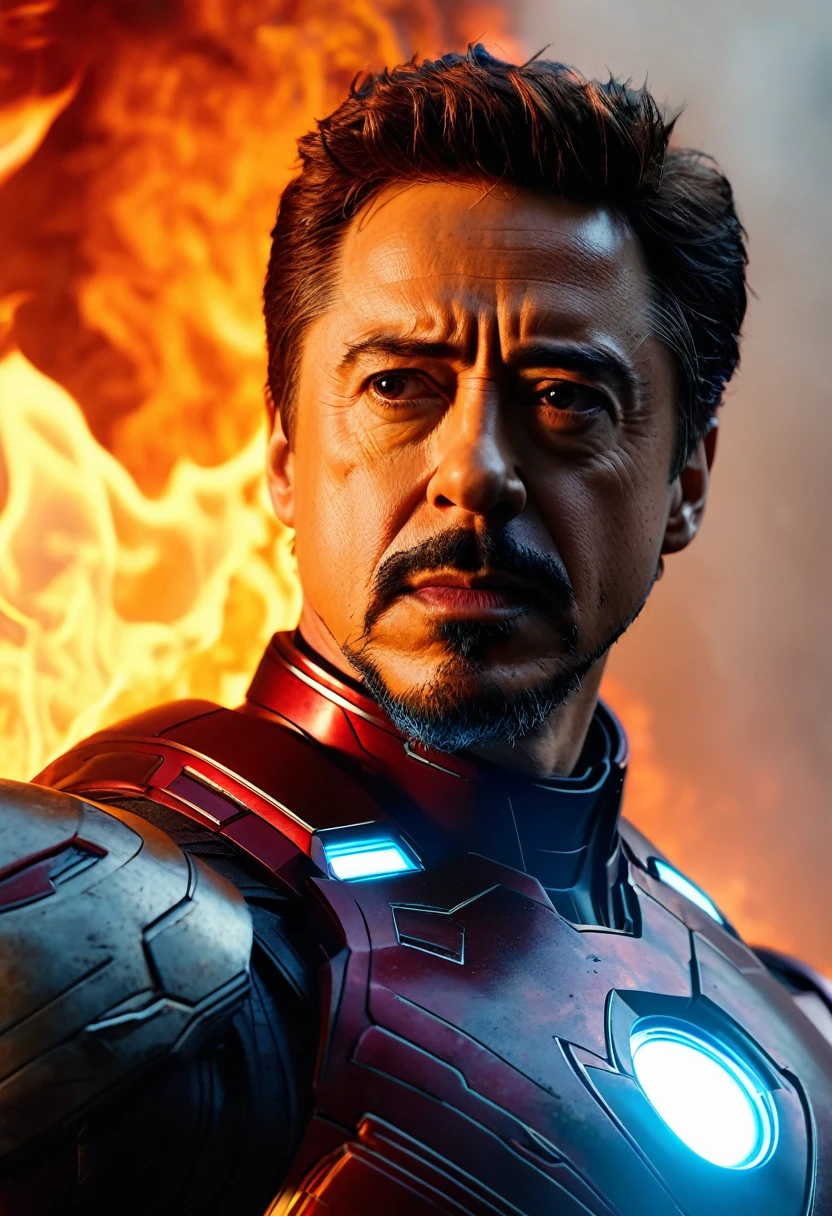 Marvel - Tony Stark, close-up photo, brilliant smoke and fire background, great battle to save the world, masterpiece, 8K, realitic