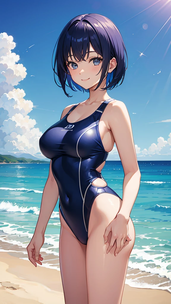 Swimsuit　Ultramarine short hair　22 years old　Adult sister　Great style　smile　Directly facing　universe space