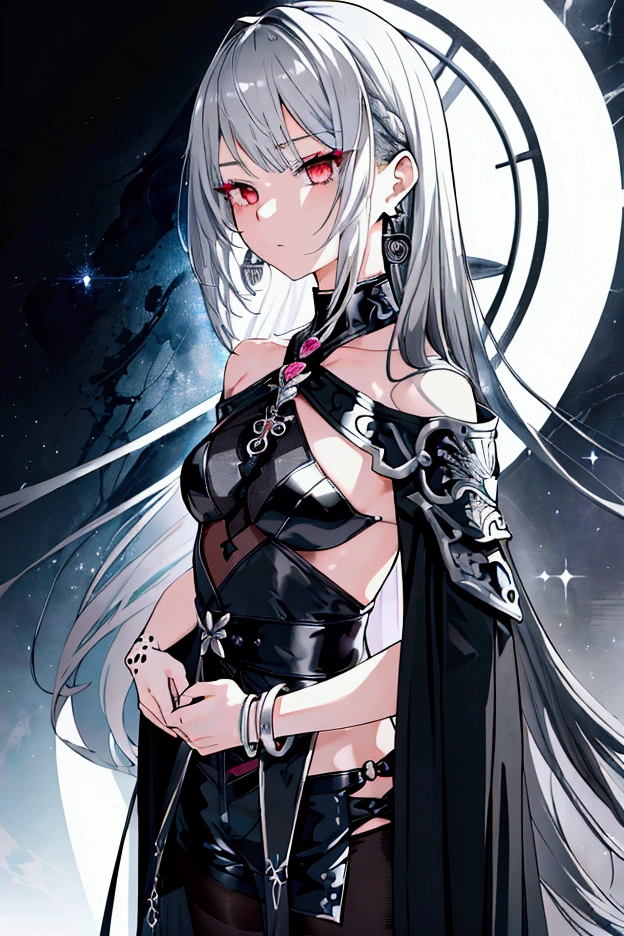 8k,High resolution RAW color art,Anime Art, (((Very detailed and cool))), Detailed skin, Blur、texture,(Exquisitely crafted, The finer details, Ultra-detailed art), (((1 girl))), Depth of written boundary, Silky Touch, Hyper Detail, (((Cool face))), eye shadow、Silver Marble Skin, Beautiful detailed red eyes, Beautiful lip detail, Very delicate face, Delicate depiction of hair and eyes, Detailed Fashion, Silver earrings,Silver Bracelet、Full body depiction, Black half top、(((Shoulder Bare)))、Black shorts、black waist cloak、black tights、 A little bit of grey hair, Straight Hair、Semi-long hair、(((Hair)))、water surface、silk clotheatte