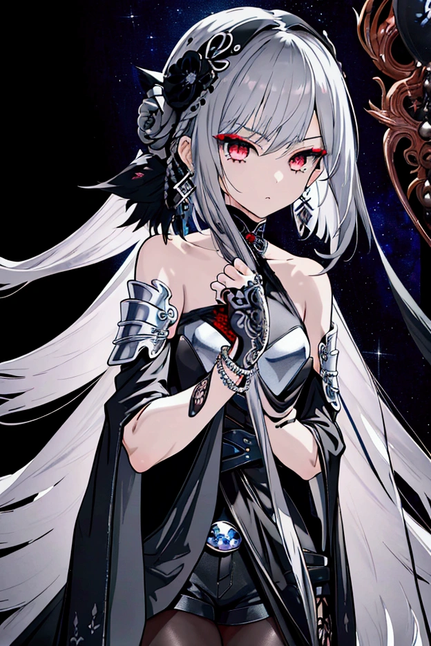 8k,High resolution RAW color art,Anime Art, (((Very detailed and cool))), Detailed skin, Blur、texture,(Exquisitely crafted, The finer details, Ultra-detailed art), (((1 girl))), Depth of written boundary, Silky Touch, Hyper Detail, (((Cool face))), eye shadow、Silver Marble Skin, Beautiful detailed red eyes, Beautiful lip detail, Very delicate face, Delicate depiction of hair and eyes, Detailed Fashion, Silver earrings,Silver Bracelet、Full body depiction, Black half top、(((Shoulder Bare)))、Black shorts、black waist cloak、black tights、 A little bit of grey hair, Straight Hair、Semi-long hair、(((Hair)))、water surface、silk clotheatte