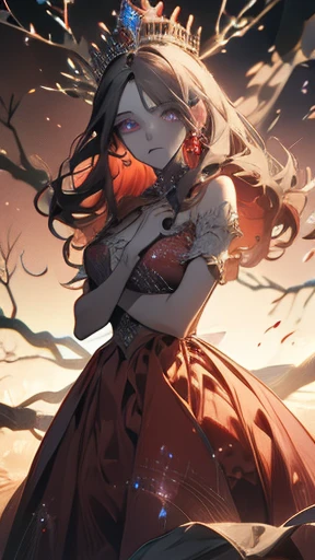 Princess is fighting, screaming, psychedelic, red dress with rainbow crystals, colorful, haunting background, walking, glowing crown, dark ground, dry branches, detailed eyes