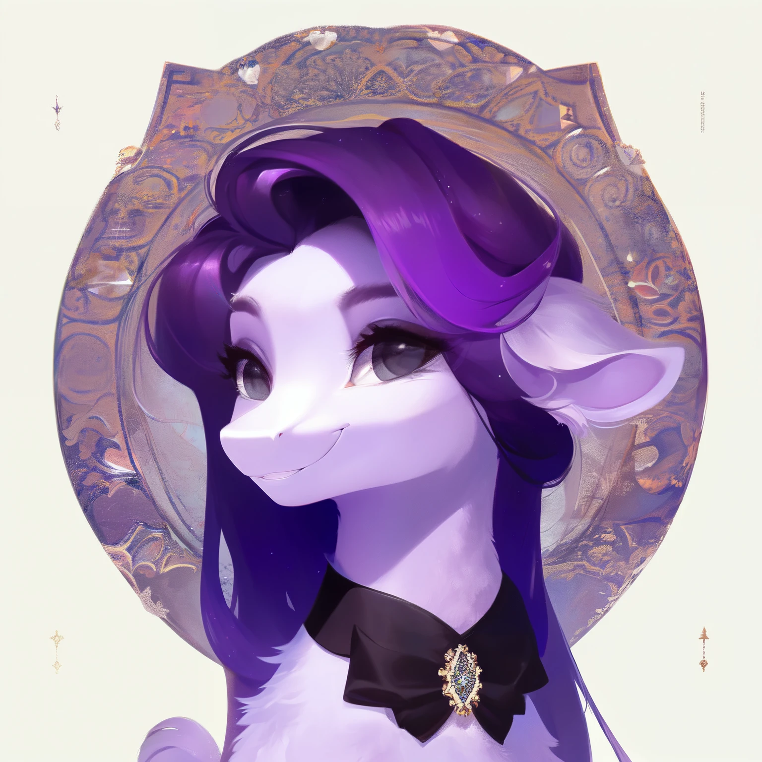rating_safe, score_9, fluffy, feral pegasus pony, female,Purple body，Black purple mane，Wearing hair，Soft and fine long hair，清澈高傲带有几分温柔的Gray Eyes，Gray Eyes，Smile。bust，Elegant and noble