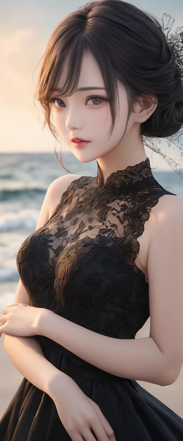 digital portrait、realistic depiction of the 、RAW photo、one girl、gentle gray eyes、plump lips、An ennui look、huge bouncing busts、shortcut、(((Elegant black lace-like line dress、Dense and artistic lace black line dress、beautiful dress、super luxury dress)))、highest quality、super resolution、master piece:1.5、medium depth of field、50ｍｍlens、cinematic lighting、Backlight、professional photographer、sea side, evening