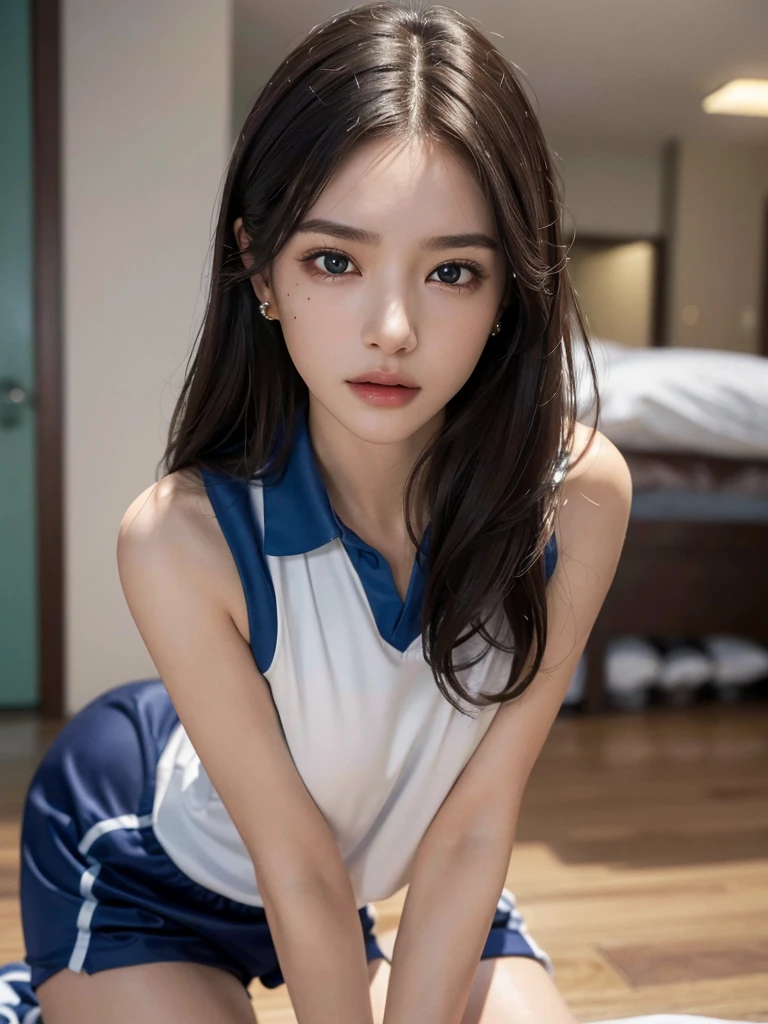(absurdres, RAW photo, extremely delicate and beautiful, masterpiece, Best Quality, ultra high resolution, 32k, hyperrealistic, ultra-detailed, perfect anatomy, anatomically correct:1.2), perfect figure, Perfect Style, Perfect balance, super Detailed skin, in her 30s, very Slim body, narrow waist, very small head, very small face, delicate facial features, handsome detailed woman, very detailed eyes and face, realistic face proportions, Realistic beautiful face, Realistic beautiful eyes, tearful mole, earring, very huge round tits, (full body shot:1.2), (whole legs:1.2), medium hair, dark blonde hair, asymmetrical hair, indoor, (soccer uniform:1.2), (sleeveless:1.2),