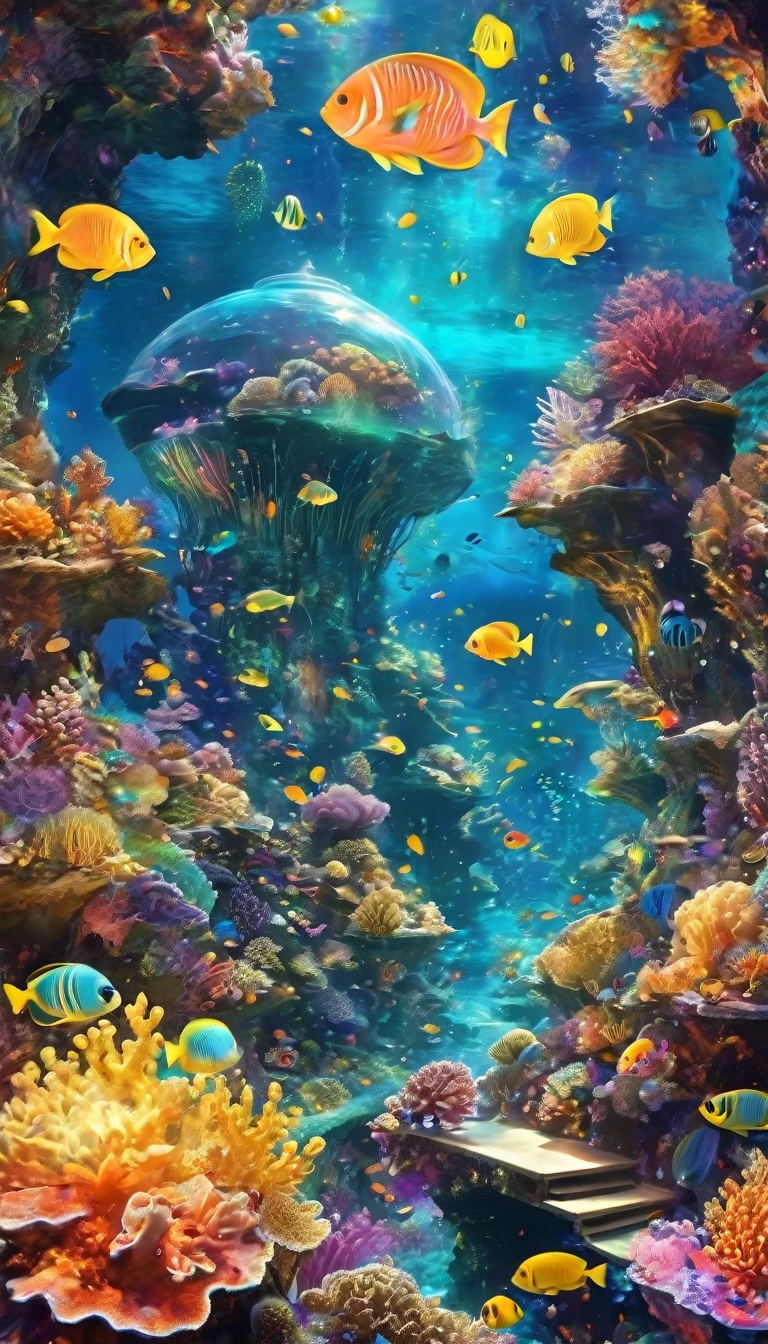 fractal,Shine,きらきらShine, Veera, Extremely small light-emitting quantum dots, Extraterrestrial、Many lanterns, conceptual art of marine life, Underwater scenery, Life at sea,Beautiful coral reefs come in many shapes, 3d,, fish, Female anime fantasy illustration. Long rainbow-colored hair scattered in the sea,Colorful hair colors、drift, Very harmonious. The painting as a whole adopts a messy and imaginative style.. The colors are bright and saturated, With smooth lines. The mystery and beauty of the sea, The painting depicts an underwater world full of life and vitality., Animation Art Wallpaper 8K、Shineサンゴ、Sea of night、Deep Sea World、Surprisingly many sparkling lights in the dark