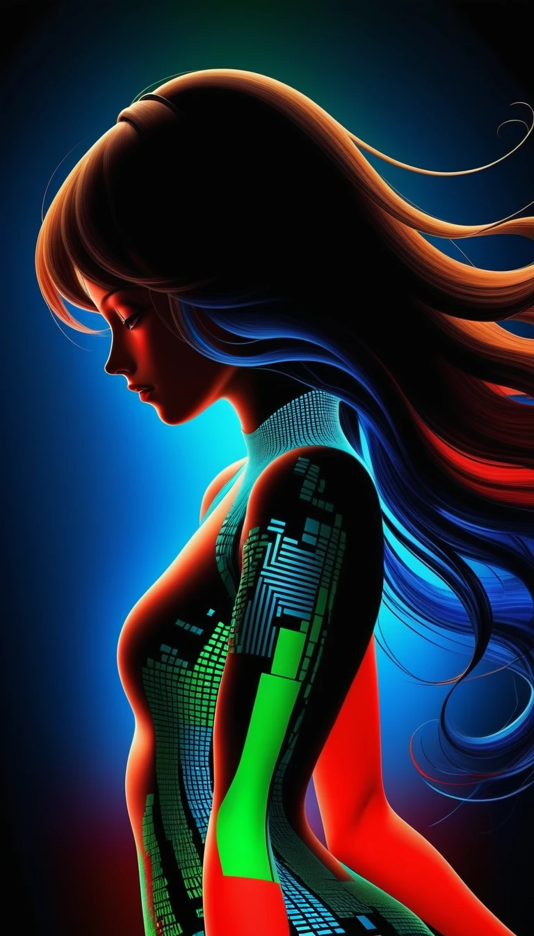 high quality, 8K Ultra HD, 想象一下一幅充满活力的画布被一连串的彩色binary code照亮, Silhouette of a charming woman with brown wavy flowing hair, Dynamic lines and patterns, Reminiscent of digital dance, Weaving together，Creating a fusion of technology and art, binary code, Hues range from electric blue to bright red and vivid green, Breathing life into the female form, Her silhouette is a combination of digital and organic, Proves that your masterpiece perfectly combines technology and beauty, High Detail, She stood in front of a character，But her body language showed her courage