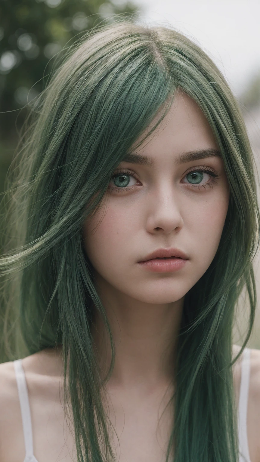 a girl. Europe. detailed face. delicate facial features. charming. Oval face. expression of sadness and disappointment. green hair. green eyes. long straight hairstyle. messy hair. thin lips. look directly