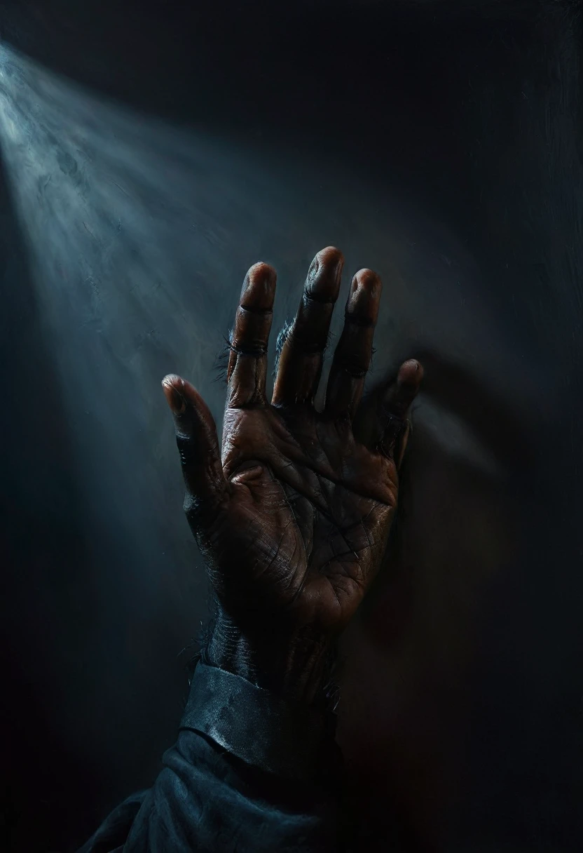 painting of a man shakes black demonic hand with claws. cinematic scene, volumetric lights, ultra realistic, in the style of nicola samori