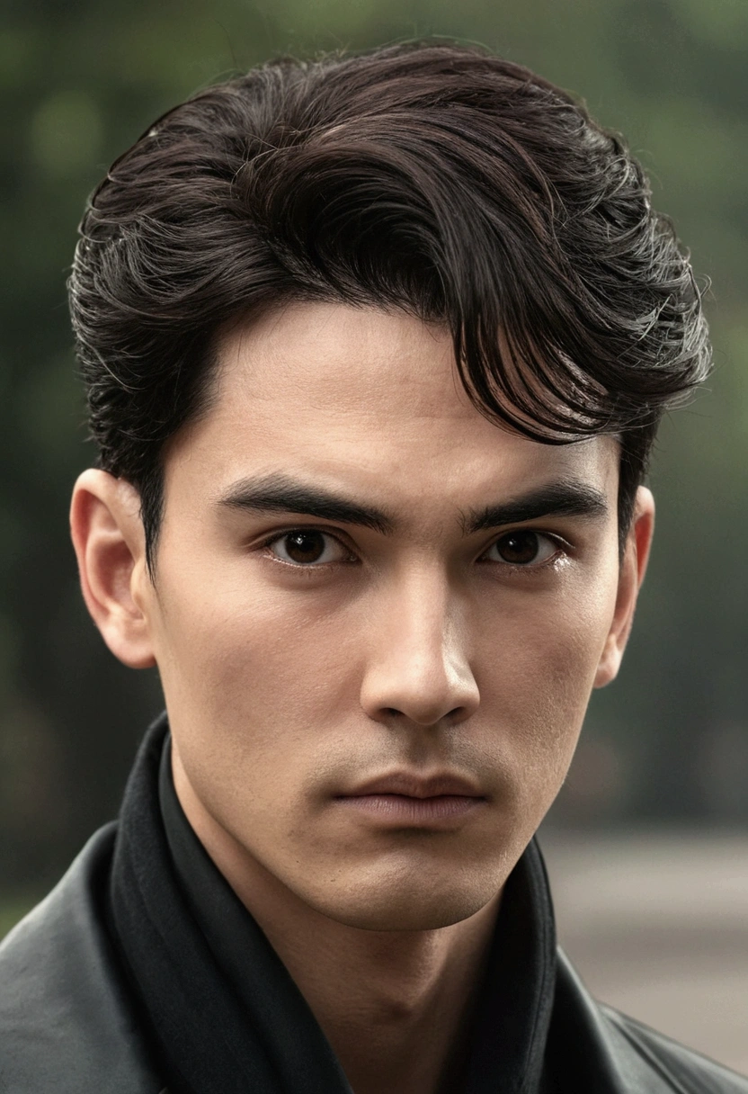 There was a young man, Dark brown hair, Staring aside, Raise your head slightly，Gloomy air, masterpiece, best quality, Practical, 1 man, Male focus, Handsome, [Thick eyebrows], portrait, Extremely detailed face, Black Hair, (short hair)