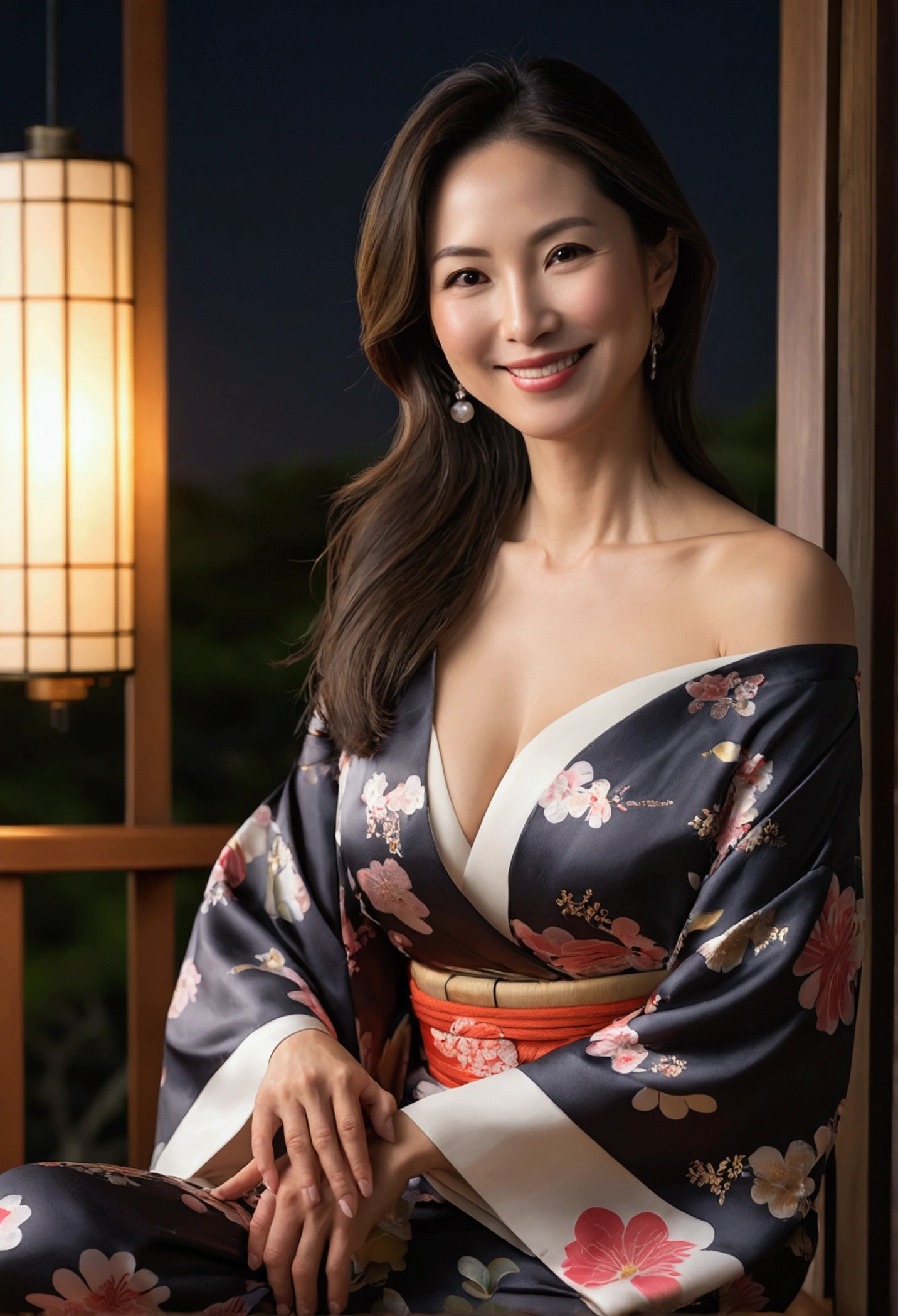 ((night, Real Light, Highest quality, 8k, masterpiece: 1.3)), 45-year-old woman, Beautiful woman, Slim figure: 1.4, (Dark brown hair), (Off the shoulder), (kimono)), ((Cleavage)), ((美しいkimono)), (night), Highly detailed face and skin texture, (Sitting),  (((smile))),(((Leaning forward))