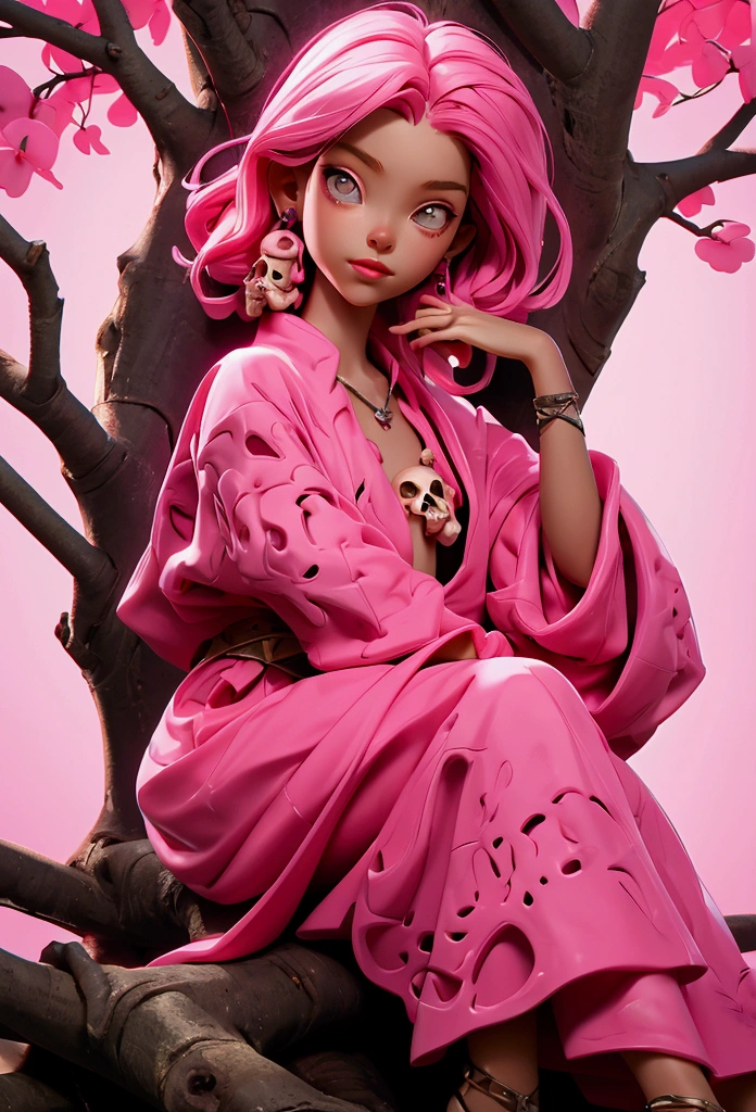 Young girl with pink hair, pink light skin, holding a skull skull, sitting on a tree trunk, detailed hands, 