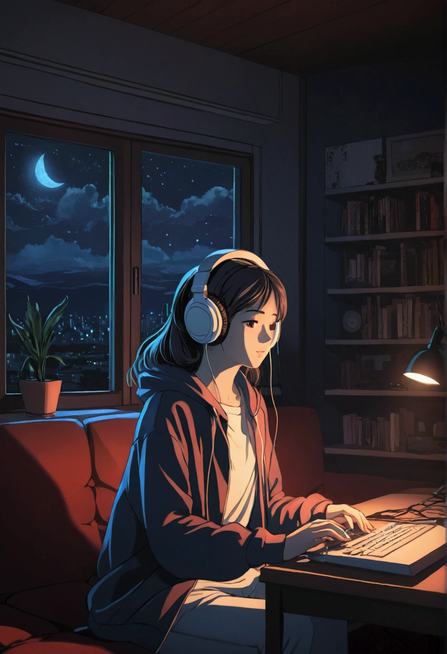 Girl listening to music in a cozy room at night, Using headphones, 2D anime style, Lo-fi, hard disk, Dark environment. Image size 1280 x 720 px.