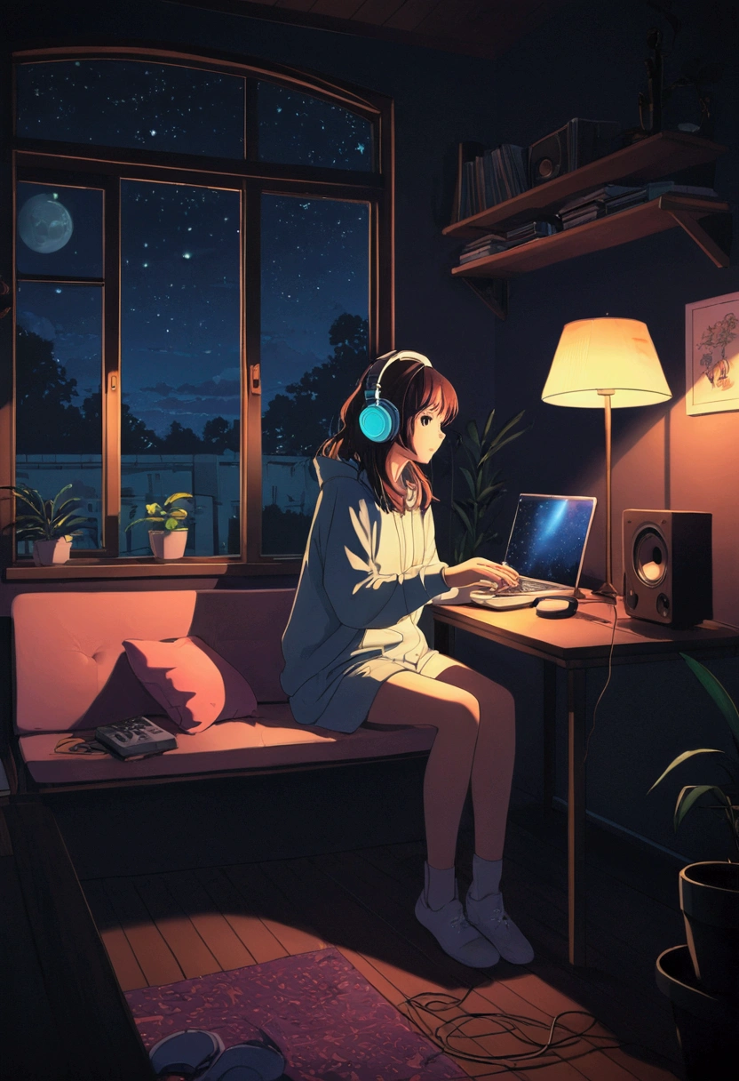 Girl listening to music in a cozy room at night, Using headphones, 2D anime style, Lo-fi, hard disk, Dark environment. Image size 1280 x 720 px.