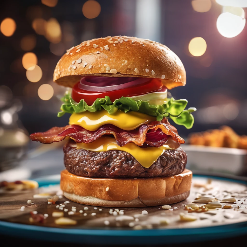 ((Gourmet Burger)), ((Ultra-Realistic Rendering)), ((Juicy pate)), ((Carefully crafted toppings)), ((Sesame bread)), ((Melting cheese)), ((Chris Pletas)), ((Sizzling bacon)), ((Add the sauce)), ((Angled close-up image)), ((Culinary masterpieces)), ((Vibrant colors)), ((Appetizing presentation)), ((Artistic plating)), ((Soft natural light)), ((Bokeh Background)), ((Flavorful atmosphere)), ((Gastronomic Delights)), ((Focus distance 85mm)), ((Sony A7R IV)), ((wide aperture)), ((Definition of 8k)), ((Inspired by food art)), ((Emotionally engaging)), ((Culinary Innovation))