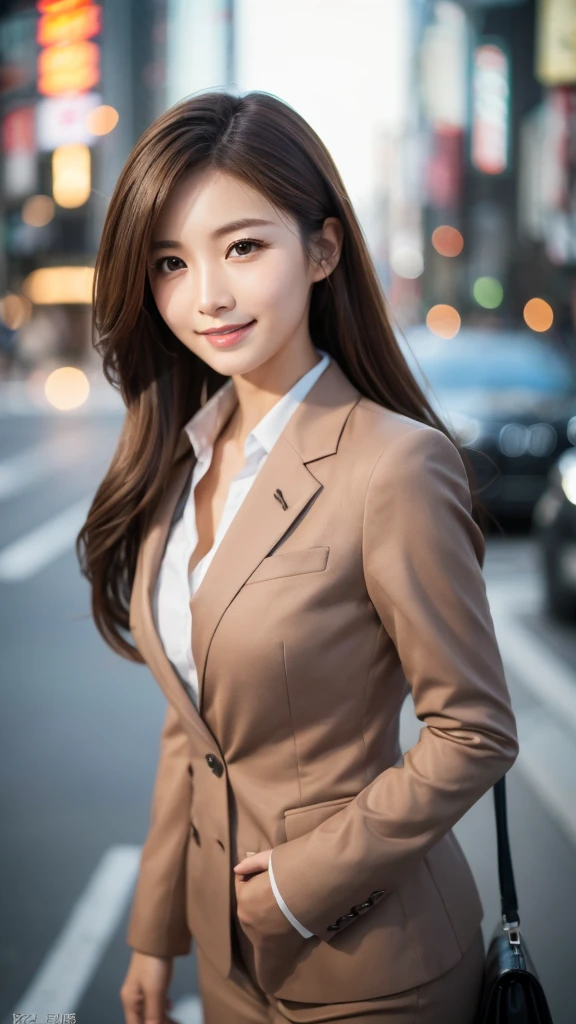 Tabletop、Highest quality、Genuine、Very detailed、finely、High resolution、8k wallpaper、One beautiful woman、、、light brown disheveled hair、Wear a business suit、Sharp focus、Perfect dynamic composition、Beautiful and detailed、Thin Hair、Detailed Genuine skin texture、smile、Model body type、Tokyo in the Morning、whole body