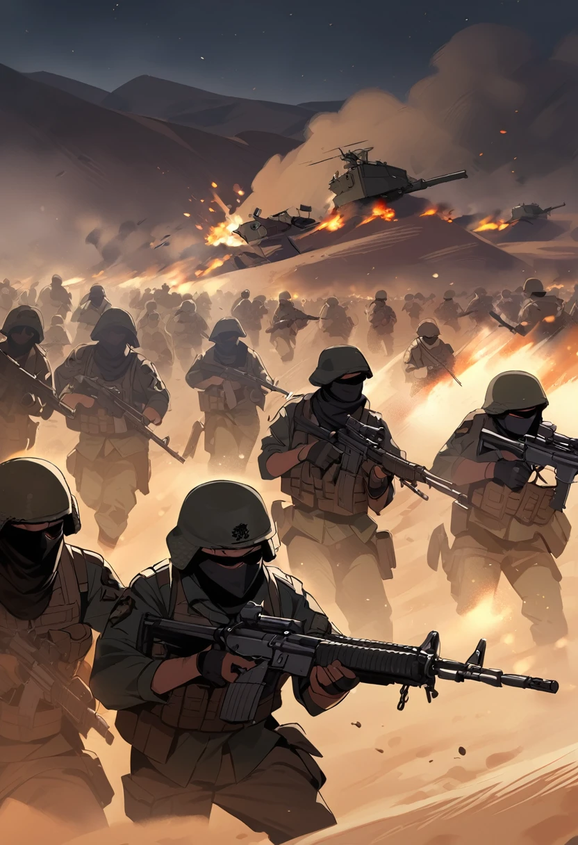 Terrorists, soldiers, black terrorists, war, desert, night, blood, sandstorm, chaos