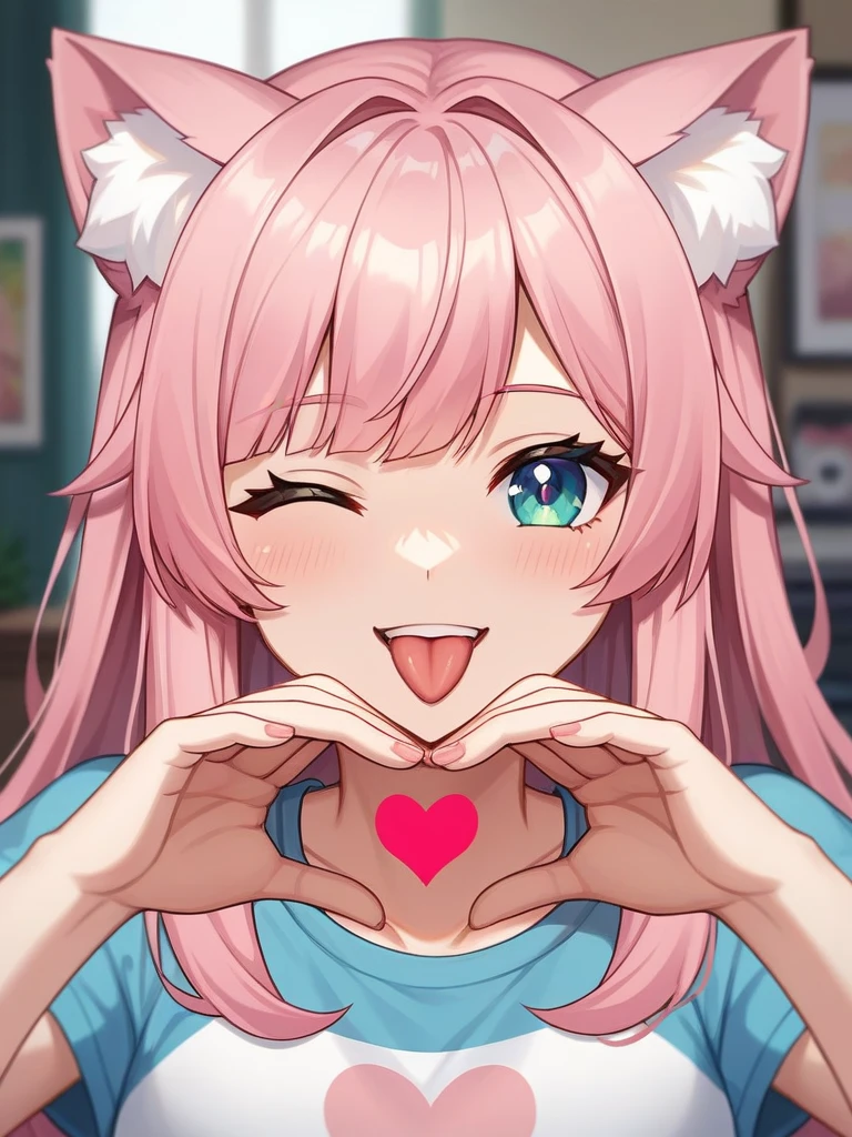 Adult, Female, long pink hair, winking, smiling, heart symbol hands tongue out, vtuber, otaku bedroom, Masterpiece, Accurate, Anatomically Correct, Best Quality, High Details, Detail, Super Detailed, Best detail, Perfect detail, Amazing detail, [-3, 3], perfect hands, best hands, best fingers, perfect fingers, perfect body, best body, amazing body, Looking at viewer, front facing, upper body shot, Cat Ears, Close-Up, 