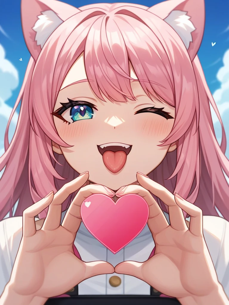 Adult, Female, long pink hair, winking, smiling, heart symbol hands tongue out, vtuber, otaku bedroom, Masterpiece, Accurate, Anatomically Correct, Best Quality, High Details, Detail, Super Detailed, Best detail, Perfect detail, Amazing detail, [-3, 3], perfect hands, best hands, best fingers, perfect fingers, perfect body, best body, amazing body, Looking at viewer, front facing, upper body shot, Cat Ears, Close-Up, 