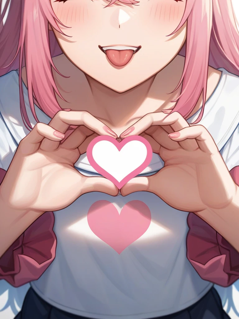 Adult, Female, long pink hair, winking, smiling, heart symbol hands tongue out, vtuber, otaku bedroom, Masterpiece, Accurate, Anatomically Correct, Best Quality, High Details, Detail, Super Detailed, Best detail, Perfect detail, Amazing detail, [-3, 3], perfect hands, best hands, best fingers, perfect fingers, perfect body, best body, amazing body, Looking at viewer, front facing, upper body shot, Cat Ears, Close-Up, 