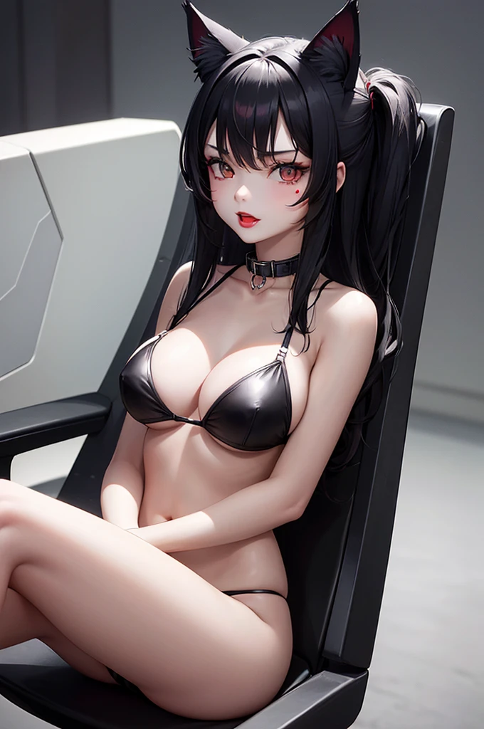 Detailed facial details,,1 girl,Red lips,Cat ear,Black long hair,Wearing a black bikini,Large Breasts,Slim,Collar,Radiant Skin,Sit in an electrocution chair,cell,