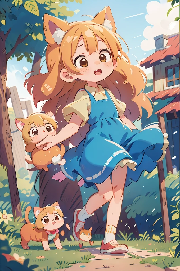 From the ants’ perspective、Anime girl with cat ears, long blonde hair and blue dress stands in front of the house, In dress, , cute anime waifu in a beautiful dress, Splash Art Anime , cute anime girl, pretty anime girl, blonde anime girl with long hair, beautiful anime girl, young anime girl, Clean, detailed anime art, Portrait of a cute anime girl, babe, meow.