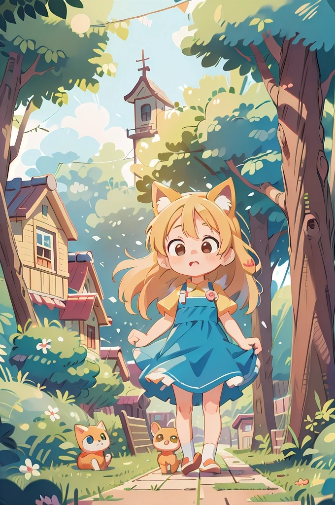 From the ants’ perspective、Anime girl with cat ears, long blonde hair and blue dress stands in front of the house,  In dress, , cute anime waifu in a beautiful dress, Splash Art Anime , cute anime girl, pretty anime girl, blonde anime girl with long hair, beautiful anime girl, young anime girl, Clean, detailed anime art, Portrait of a cute anime girl, babe, meow.