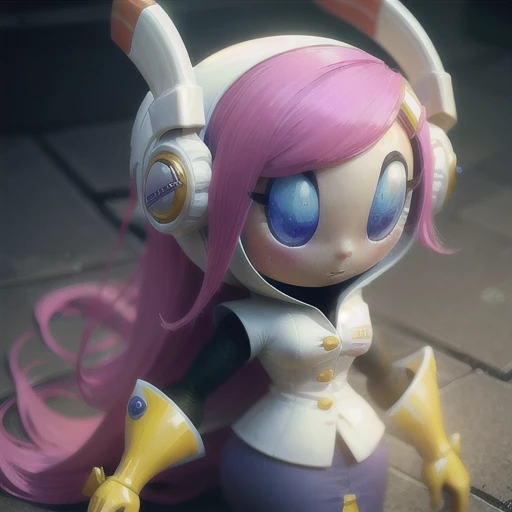 Susie Haltmann, Susie (Kirby), Planet Robobot, Pink Hair, Long hair, Blue eyes, Blue Sclera, Gold hair clip, Secretary, Robot Girl, White Shirt, Grey Skirt, Pencil Skirt, Dress Skirt, Orange Gloves, White cuffs, Headphones, Robot ears, Antennae, in a robot armor 