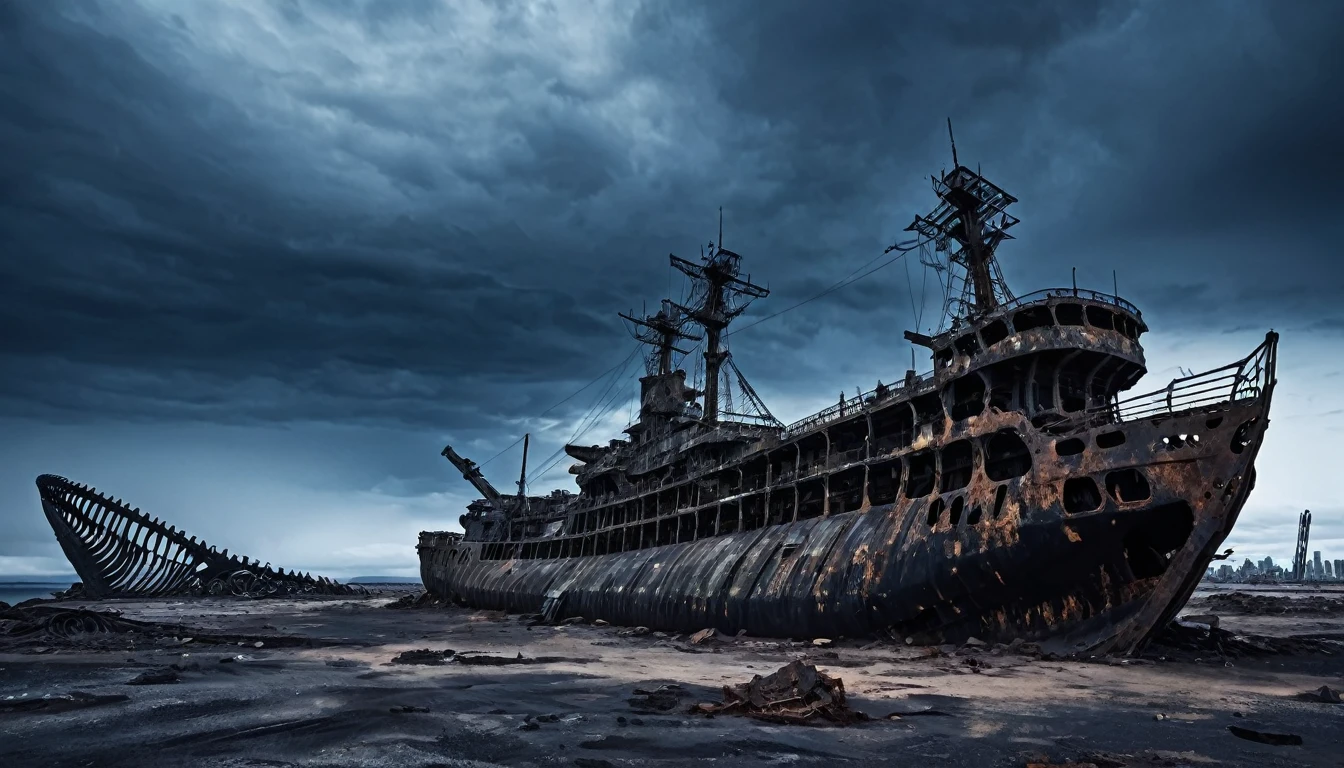 Abandoned and rusty large warship, Post-apocalyptic, night desert dark cloudy, And next to it is a whale skeleton., and background cities