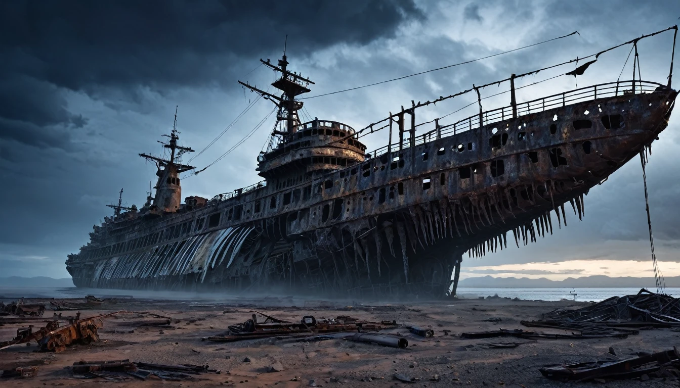 Abandoned and rusty large warship, Post-apocalyptic, night desert dark cloudy, And next to it is a whale skeleton., and background cities