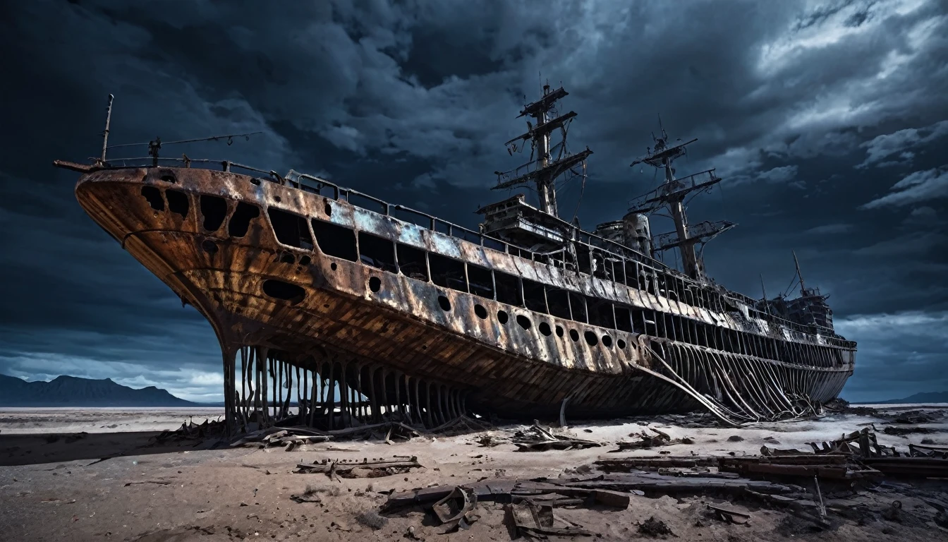 Abandoned and rusty large warship, Post-apocalyptic, night desert dark cloudy, And next to it is a whale skeleton., and background cities