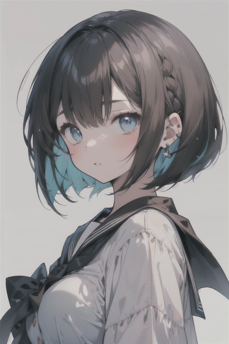 (best quality), (Super detailed), (Best Illustration), (masterpiece), (1woman), (white serafuku), (large breasts), {brown hair, (sideburns), (bob cut:1.3), curly hair, hairs between eyes, colored inner hair}, blue eyes, parted lips, expressionless, blush, earring,