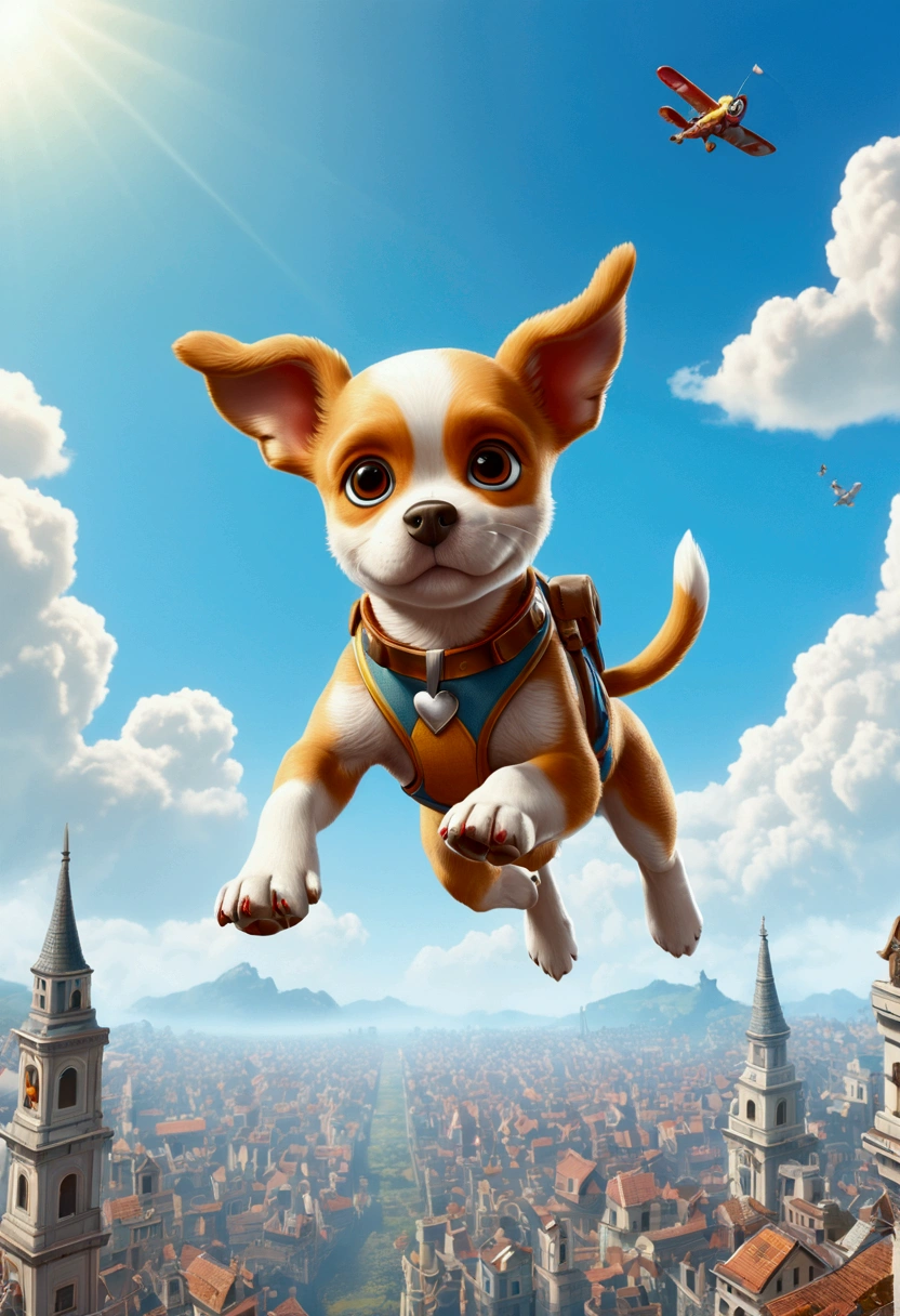 (Flying Puppy), sky, Explore the Enchanted Enclave with (clouds), a hidden sanctuary where flora and fauna coexist in perfect harmony, creating a magical realm untouched by time, full body, award-winning, cinematic still, emotional, vignette, dynamic, vivid, (masterpiece, best quality, Professional, perfect composition, very aesthetic, absurdres, ultra-detailed, intricate details:1.3)