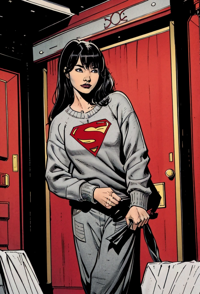 Beautiful American Chinese girl, Katie Leung with bangs, long hair, 19 years, barely smiles, home clothes: gray sweater, longpants, black trousers; DC comic style image, color image